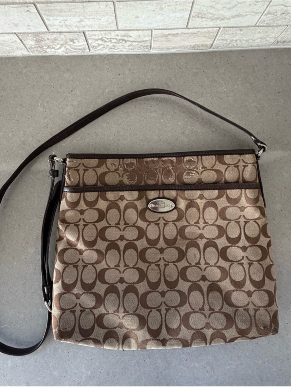 Coach Brown Signature Canvas Crossbody Bag with Dark Trim